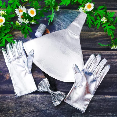 Vista 4 de Juego de 4 piezas de disfraz de Halloween para cosplay, sombrero de embudo ajustable con purpurina para hombre, pajarita brillante y plateado