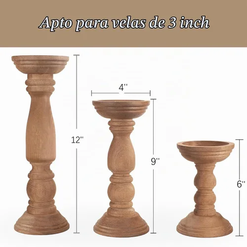 Vista 3 de Portavelas de Madera Estilo Granja para Velas de Pilar Juego de 3, Portavelas de Madera Rústica Decoración de Centro de Mesa, 12'' 9'' 6'' Soporte