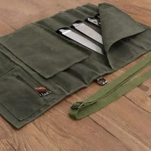 Vista 5 de Bolsa enrollable para cuchillos de chef, bolsas de lona encerada para cuchillos con 10 ranuras y 1 bolsillo con cremallera, bolsa de chef para chefs