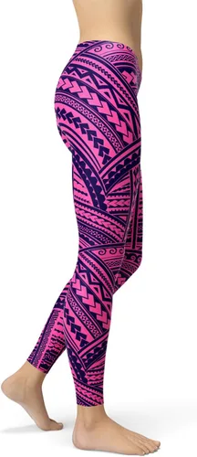Vista 3 de Maori Tatuaje Leggings Tribal Polinesio Ta Moko Estampado Mediados Cintura Púrpura Pantalones