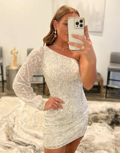 Vista 5 de Vestidos de encaje con lentejuelas brillantes para adolescentes, manga hinchada, un hombro, mini vestido de cóctel de graduación
