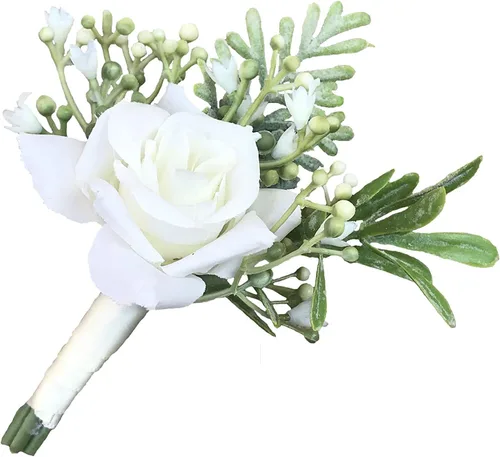 Vista 2 de 6 unids/lote Novio Boutonniere Hombre Mujer Novia Muñeca Ramillete Artificial Boda Flores Decoración Fiesta (marfil, Boutonniere)