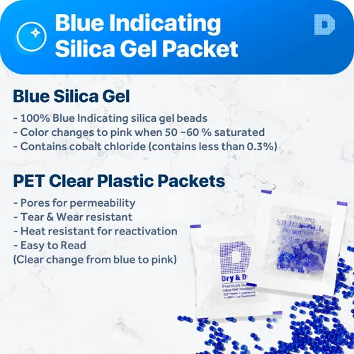 Vista 2 de Dry & Dry Paquetes de gel de sílice de 0.04 oz [50 paquetes] Indicador azul (azul a rosa) Paquetes de gel de sílice desecantes Paquetes de gel