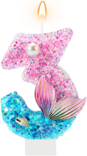Vista 11 de Velas de cumpleaños, velas rosas y moradas del número 0 decoradas con caracolas, estrellas de mar y perlas para fiesta temática de sirena Morado