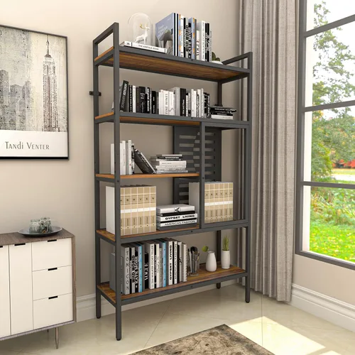 Vista 4 de Weehom Estantería industrial ajustable de 5 niveles, estantería de madera moderna con marco de metal estable, estantes de almacenamiento abiertos