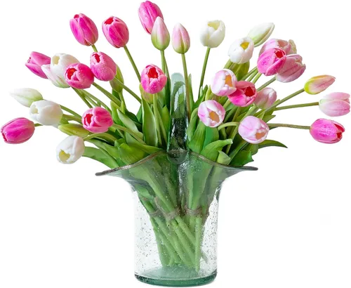 Vista 33 de DUYONE 15 flores de tulipanes artificiales, ramo de látex de tacto real, tulipanes falsos para oficina, boda, fiesta, hogar, cocina, jardín