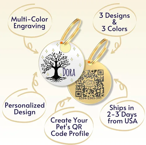 Vista 4 de PawFurEver Placa para perro con código QR – Etiquetas de identificación personalizadas para perros, etiqueta de perro grabada y etiqueta para Oro