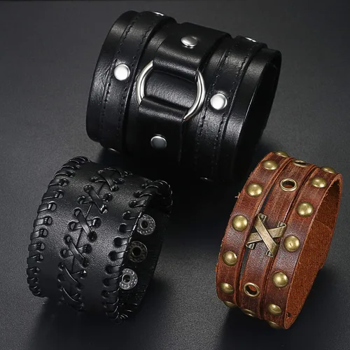 Vista 2 de Aroncent - Pulsera de piel trenzada punk para hombre