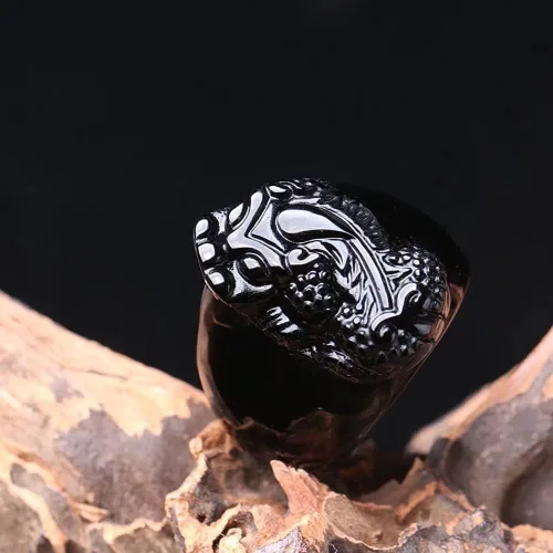 Vista 3 de Renning Feng Shui - Anillos de obsidiana negra para hombres y mujeres anillo de amuleto PiXiu de la suerte talla 9-12