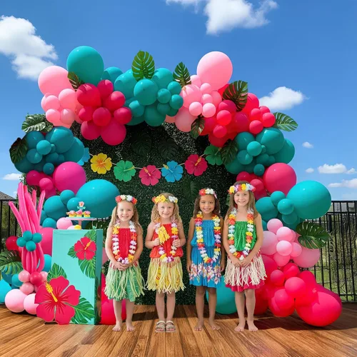 Vista 5 de Kit de arco de guirnalda de globos tropicales de 122 piezas con hojas de Monstera – Globos de color rosa intenso verde azulado azul para verano