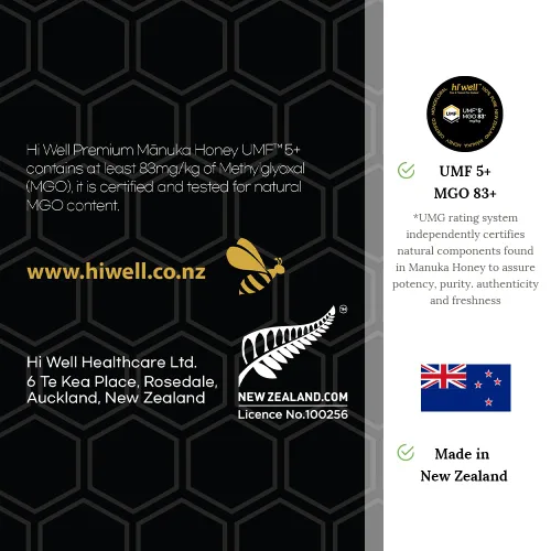 Vista 6 de Hi Well Premium Manuka Honey Certified Monofloral UMF 5+ MGO 83+ 17.64 oz