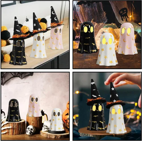 Vista 6 de DAZONGE Decoración de Halloween para interiores, juego de 3 fantasmas de cerámica con sombreros de bruja, bonitas figuras de fantasmas espeluznantes