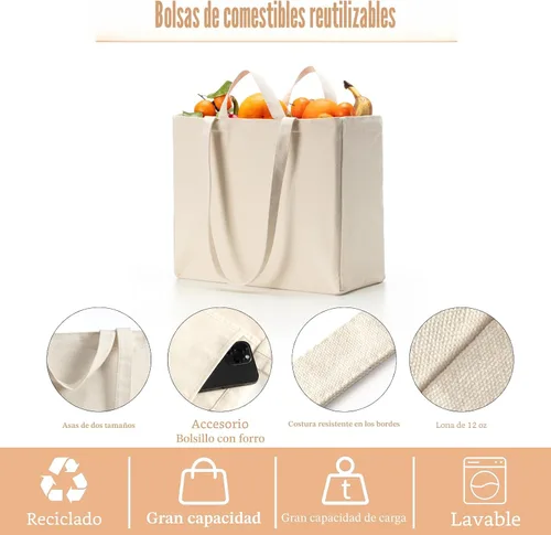Vista 5 de Bolsa de lona reutilizable LINICE con asa larga y asa corta plegable, resistente y lavable (paquete de 3) Asas largas/cortas