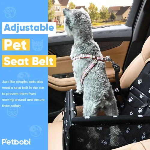 Vista 4 de Petbobi Silla elevada de automóvil para perro o gato, portátil, estable y transpirable con cinturón de seguridad para viaje, viene con bolsa para su