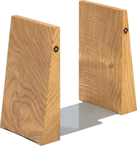 Vista 8 de TILISMA Sujetalibros de madera hechos a mano con base de metal, castaño - Soportes resistentes para libros para estanterías - Sujetalibros