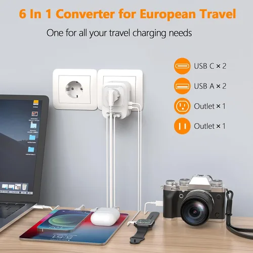 Vista 9 de Convertidor de voltaje de 220 V a 110 V de EE. UU. a Europa con 2 puertos USB A y 2 puertos USB C de carga rápida, convertidor de corriente