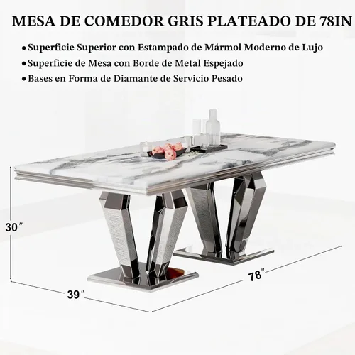 Vista 2 de ACEDÉCOR Mesa de comedor rectangular moderna de 78 pulgadas para 6-8, gris