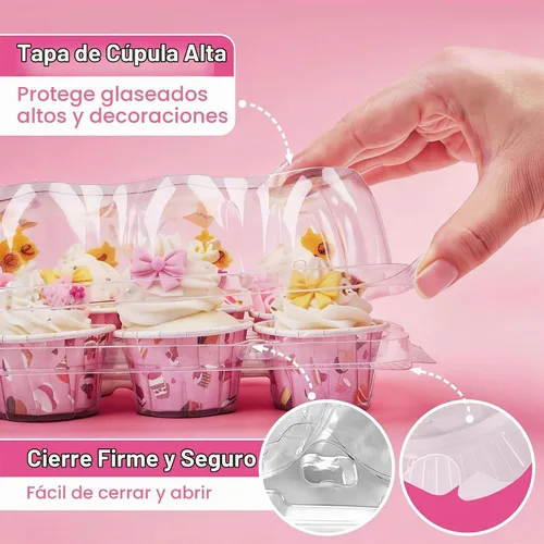 Vista 5 de LotFancy (24 unidades x 12 juegos) Mini recipientes para cupcakes con 288 forros, soporte de cajas de plástico para cupcakes, sin BPA, transparente