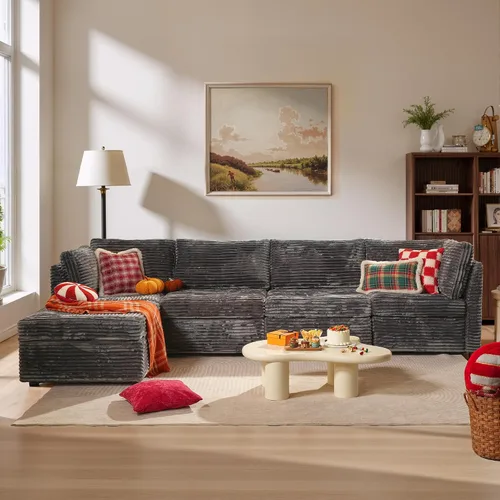 Vista 27 de Ovios - Sofá modular con diván en forma de U y otomanas, cómodo y mullido, tapizado en pana estilo nube, moderno, asiento profundo, juego de sofás