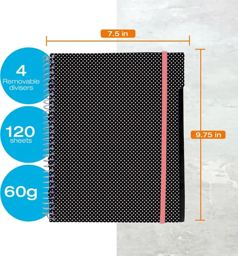 Vista 3 de Confetti Cuaderno de espiral – 4 separadores extraíbles, cubierta a prueba de derrames, banda elástica de cierre, bolsillo de almacenamiento – Bloc