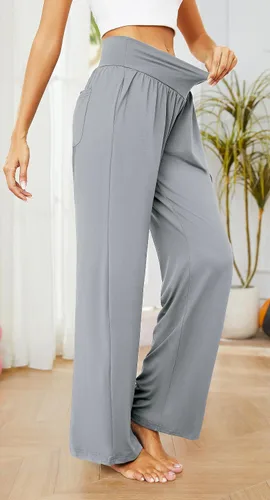 Vista 3 de Pantalones de yoga de pierna ancha para mujer, cintura alta, holgados, casuales, cómodos, para descansar, palazzo, pijamas con bolsillos