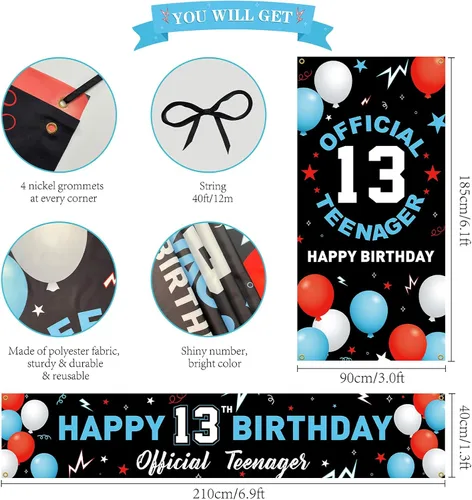 Vista 4 de Kit de decoración de pancarta de fondo de cumpleaños de 13 años, decoración de feliz cumpleaños número 13 para niños y niñas, suministros oficiales