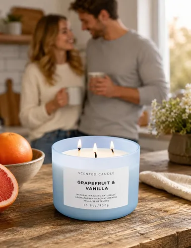 Vista 3 de Vela de soja de 3 mechas de vainilla de pomelo Vela perfumada grande de 15.8 onzas para el hogar Vela de aromaterapia altamente perfumada