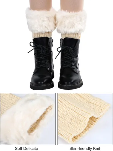Vista 5 de 4 Pairs Women Faux Fur Trim Boot Cuff Winter Knitted Furry Top Cover Leg Warmers Girls Boot Socks