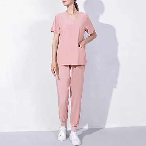 Vista 2 de Conjunto de uniforme médico para mujer, elástico en 4 direcciones, bolsillos ligeros, cuello en V, conjunto de uniforme médico con cordón elástico