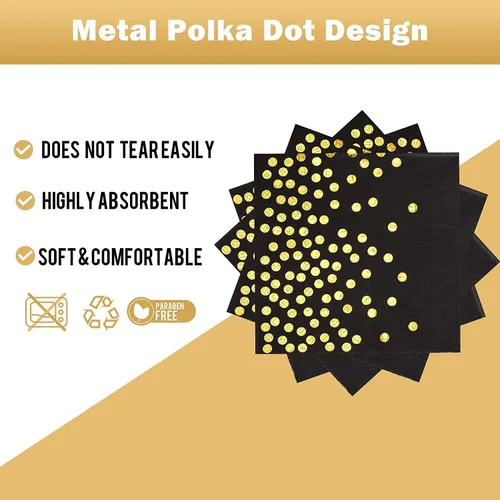 Vista 4 de Platos de papel negro y dorado, paquete de 50 unidades, 25 platos de papel de 7 pulgadas y 25 servilletas de 6.5 pulgadas, platos negros