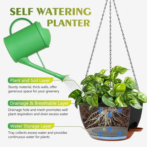 Vista 3 de GARDIFE Macetas colgantes para plantas de interior y exterior, juego de 2 macetas colgantes de riego automático con agujeros de drenaje y bandeja