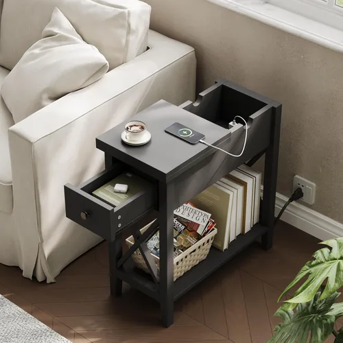 Vista 2 de ChooChoo Mesa auxiliar, mesa auxiliar estrecha abatible con estación de carga Narrow Side Table with USB Ports and Outlets, Nightstand with