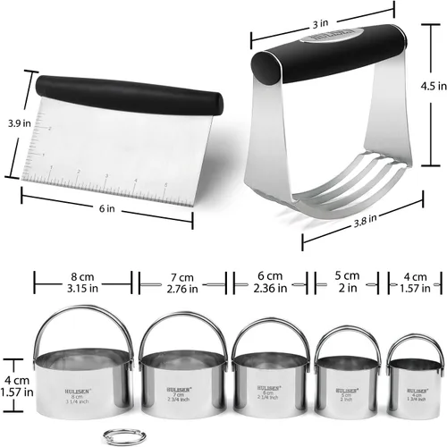 Vista 8 de HULISEN Juego de cortador de galletas de acero inoxidable, raspador de pastelería y licuadora de masa, resistente y duradero con agarre de goma