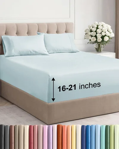 Vista 26 de Juego de sábanas tamaño Queen con bolsillos extra profundos, sábanas transpirables y refrescantes de 4 piezas, ropa de cama de lujo para hotel