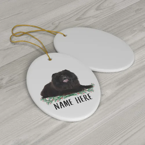 Vista 3 de Funny Chow Chow - Adornos para árbol de Navidad, diseño ovalado, color negro