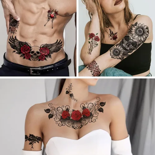 Vista 6 de Tatuajes temporales para hombres y mujeres adultos, 77 hojas de calcomanías de tatuaje falsas, lágrimas de serpiente, relojes, planetas