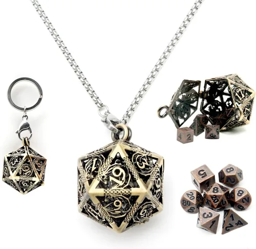 Vista 15 de Haxtec Juego Mini de Dados de Metal DND con Estuche de Collar Hueco Juego de Dados de Metal Pequeños Antiguos Juego de Llaveros D&D Portátil Juego