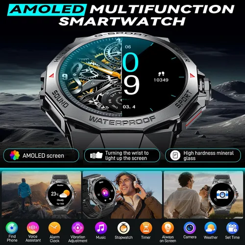 Vista 3 de Reloj inteligente militar para hombre, para responder/hacer llamadas de 1.43 pulgadas, AMOLED siempre encendido, reloj inteligente resistente
