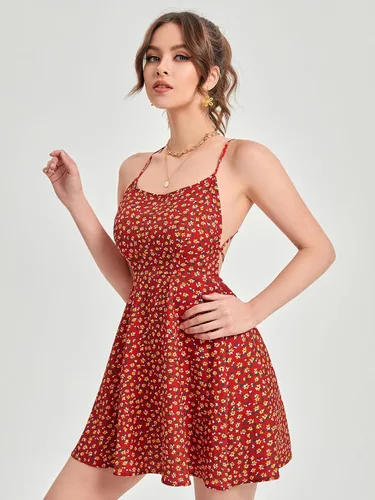 Vista 3 de Floerns Vestido corto sin mangas para mujer, diseño floral, espalda descubierta, con lazo en la espalda