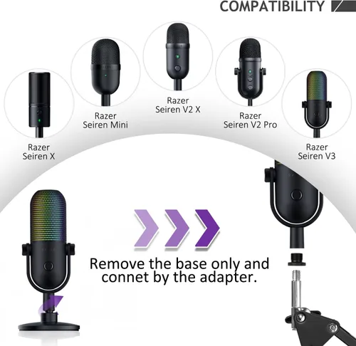 Vista 4 de Brazo ajustable Seiren para micrófono, soporte de micrófono compatible con Razer Seiren X Mini V2 V3 USB Streaming Micrófono para grabación