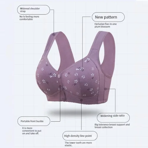 Vista 6 de Brasier de margaritas para mujeres mayores, cómodo cierre frontal con botón sin hebilla de alambre, cómodo brasier con corsé push up