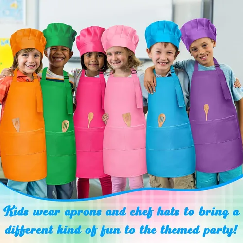 Vista 5 de Juego de delantal y sombrero de chef para niños, 6 piezas de delantal de cocina ajustable colorido para niñas y niños, juguete de simulación, regalo