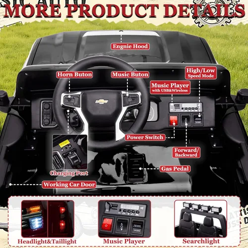 Vista 6 de NEWQIDA Coche eléctrico de 24 V para niños con control remoto, licencia Chevrolet Silverado HD, batería de 7ah, vehículo de juguete tipo Ride-on Azul