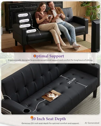 Vista 4 de TYBOATLE Sofá Loveseat de 62" de ancho con 2 puertos de carga USB y 2 portavasos, asiento de amor pequeño capitoné de cuero sintético negro