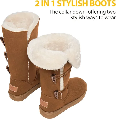 Vista 5 de CAMEL CROWN Botas de invierno a media pantorrilla de 12 pulgadas de alto para mujer, botas de nieve de piel sintética con 3 botones, botines de moda