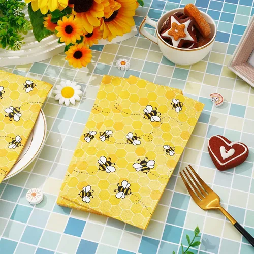 Vista 3 de Whaline Servilletas de 3 capas desechables de abeja para invitados, paquete de papel desechable de panal amarillo, toalla de mano para feliz día