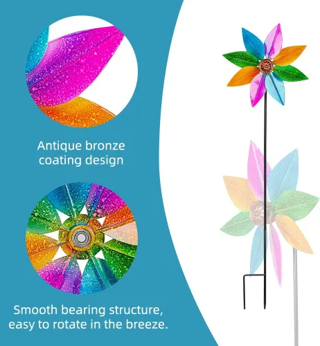 Vista 5 de DREAMYSOUL Molinillos de viento coloridos de 38 pulgadas, molinillos de metal para jardín y jardín, molinillos de viento decorativos para patio al