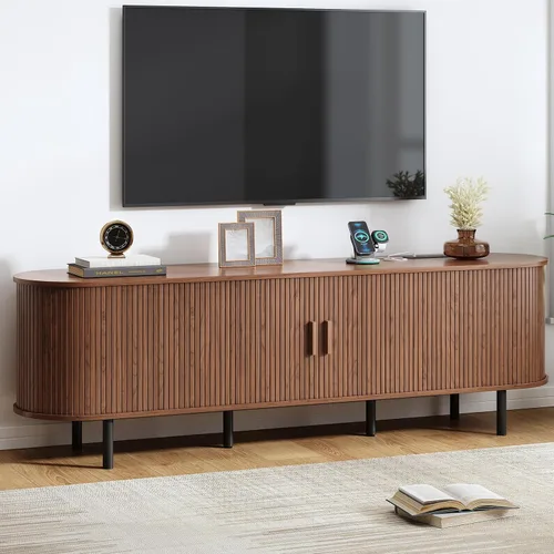 Vista 17 de Soporte de TV de 55 pulgadas con toma de corriente, consola multimedia moderna con puertas correderas, centro de entretenimiento para televisores