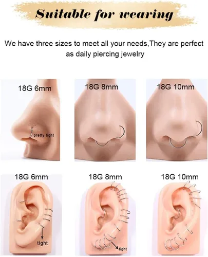 Vista 8 de 12 piercings de nariz hipoalergénicos de acero inoxidable quirúrgico 316L de 0.78 oz, anillos de nariz dorados y plateados, joyería en forma de L