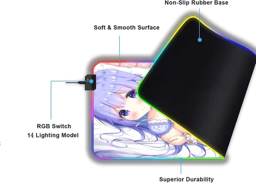 Vista 3 de Alfombrilla de mouse grande para videojuegos con diseño de anime y animé para niña, con pechos sexys, para videojuegos, retroiluminación LED, XXL
